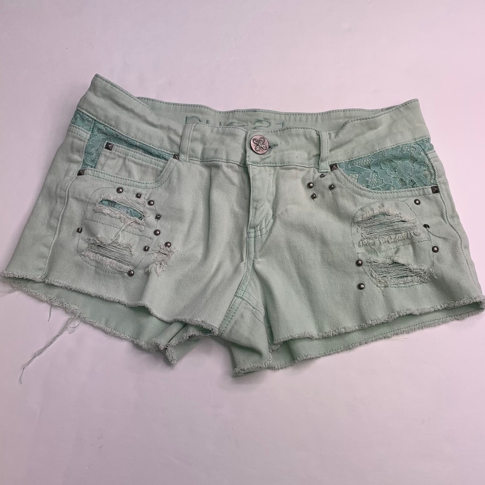 Rue 21 Shorts Cut Off Womens 7/8 Green Raw Hem Distressed Lace Studded Cotton